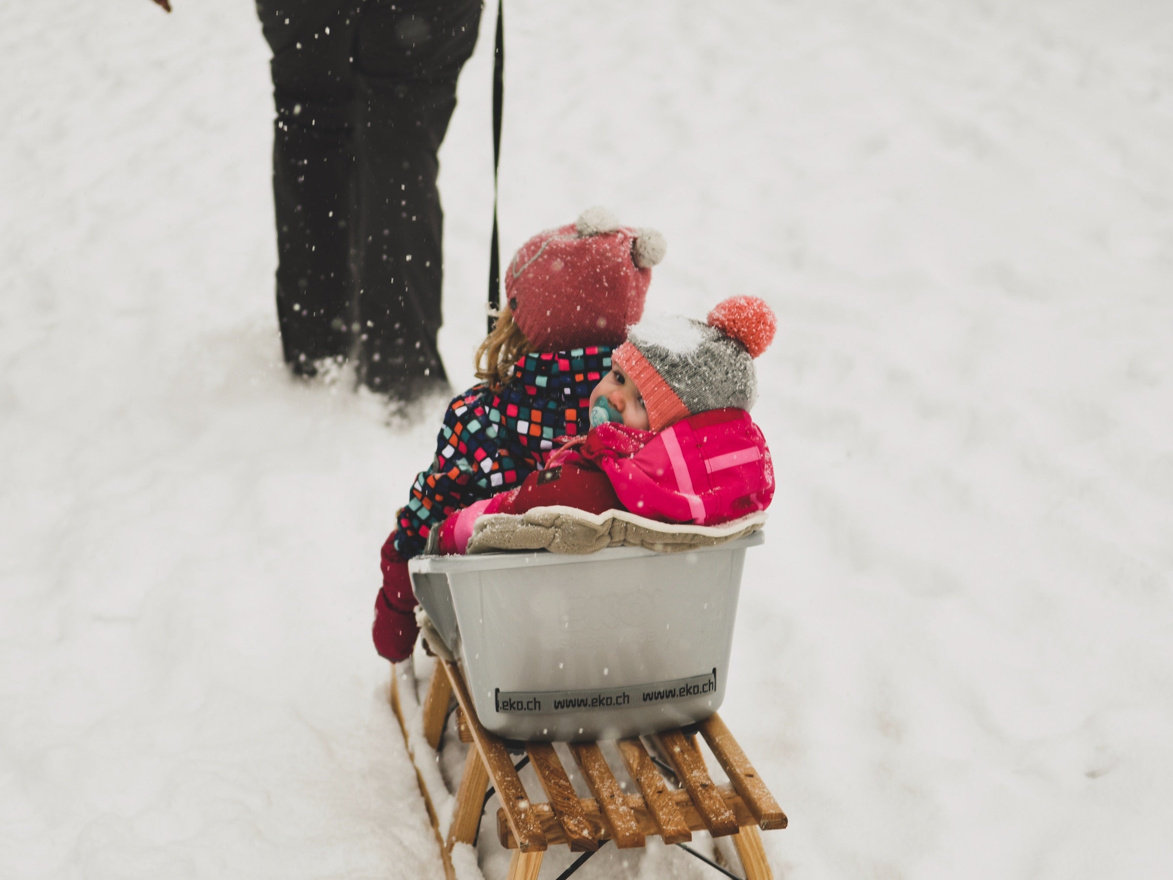 babies being pulled in a snow sled