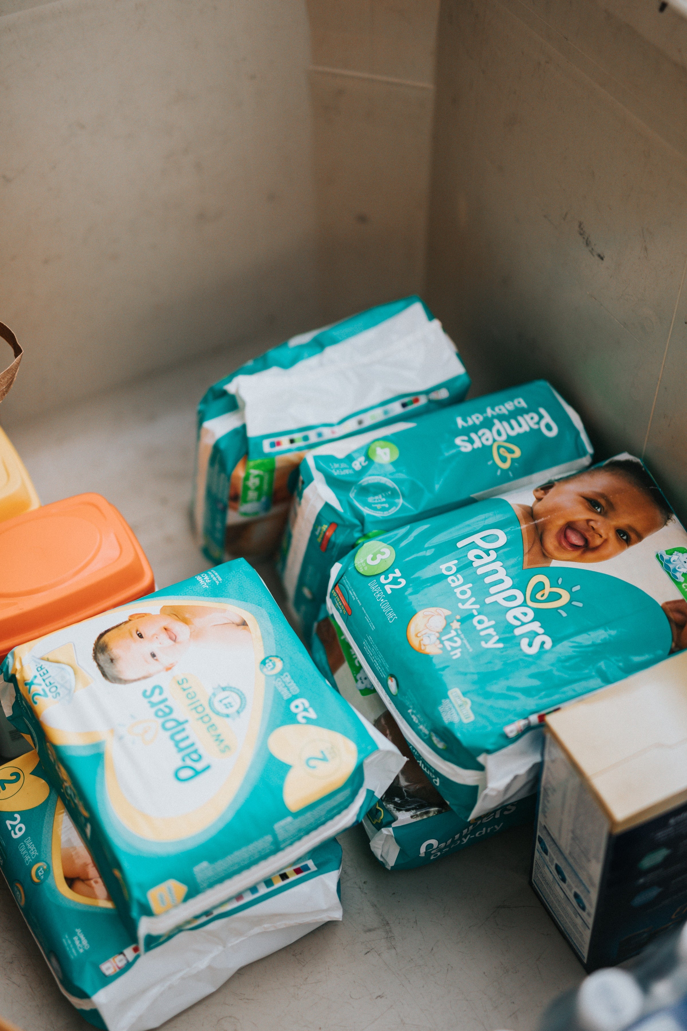 pile of packs of diapers