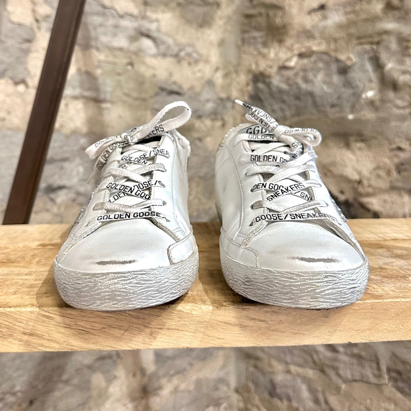 Golden Goose White Distressed Leather Glitter Superstar Sneakers