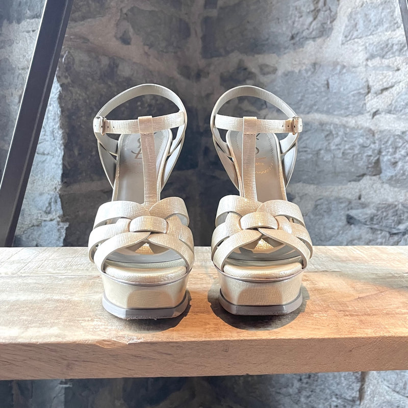 Yves Saint-Laurent Ivory Textured Tribute Platform Sandals