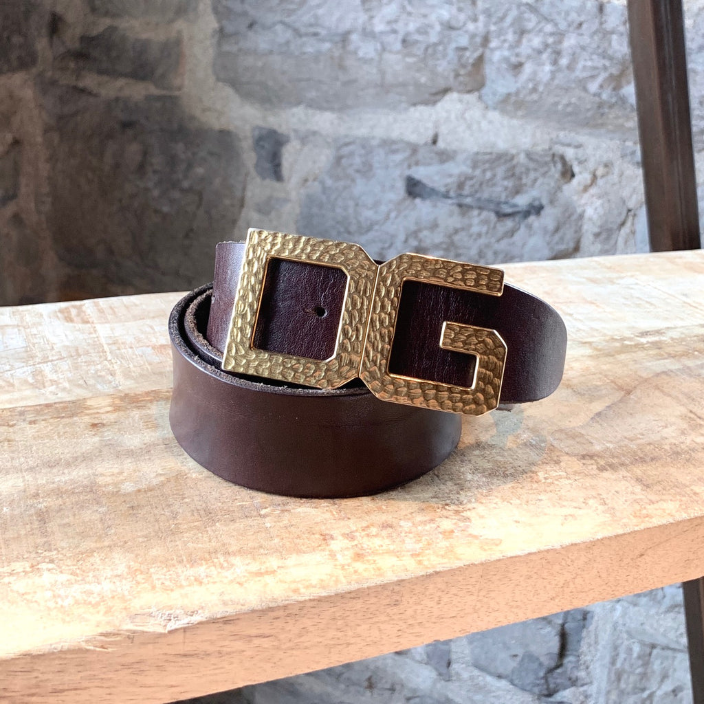 Dolce & Gabbana Brushed Gold Hammered Buckle Leather Belt