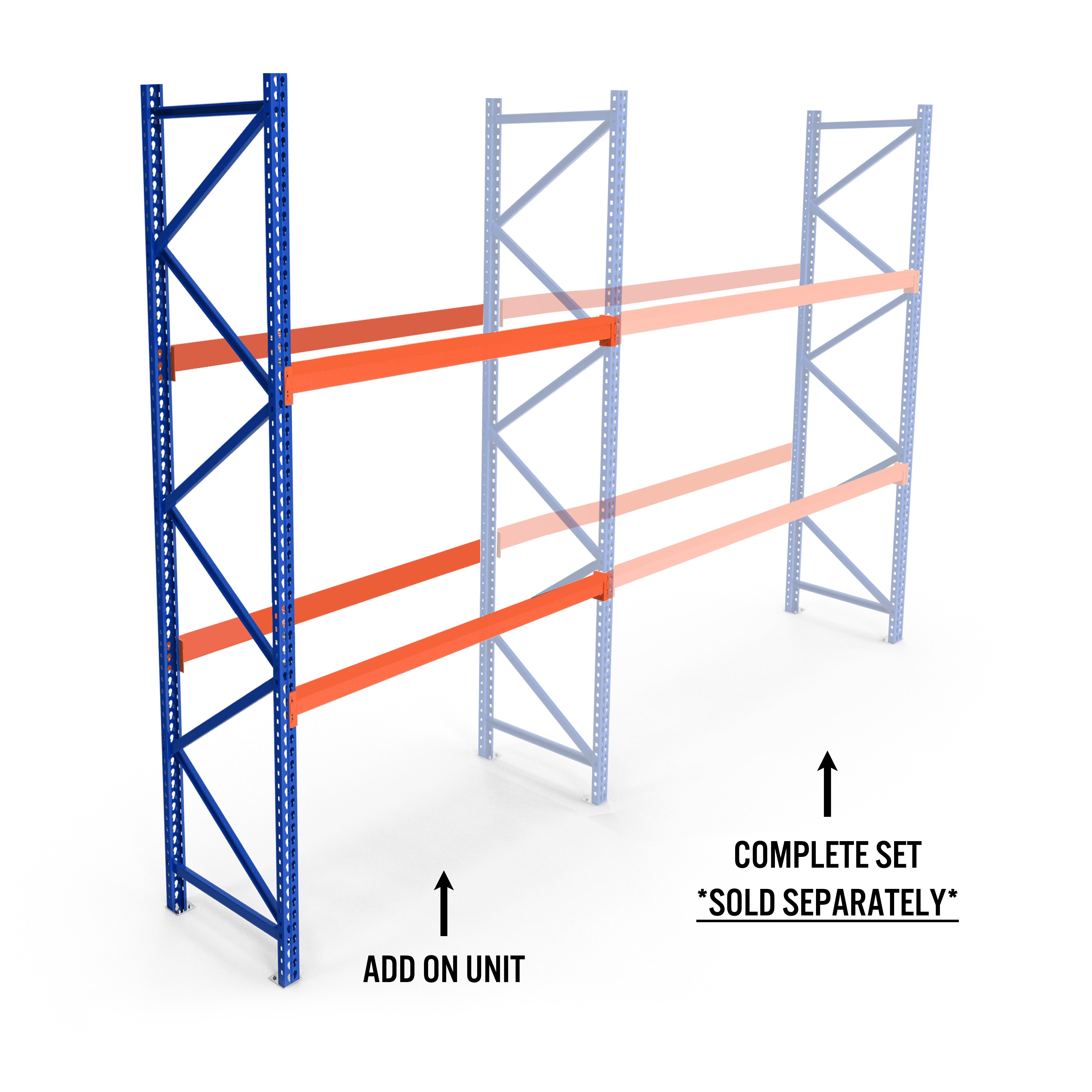 Warehouse Racking Complete Set - 4 ft (L) x 24 in (D) x 14 ft (H) - Two-levels with 3" Beams - Section Add On ONLY (1 Frame with 4 Step Beams)