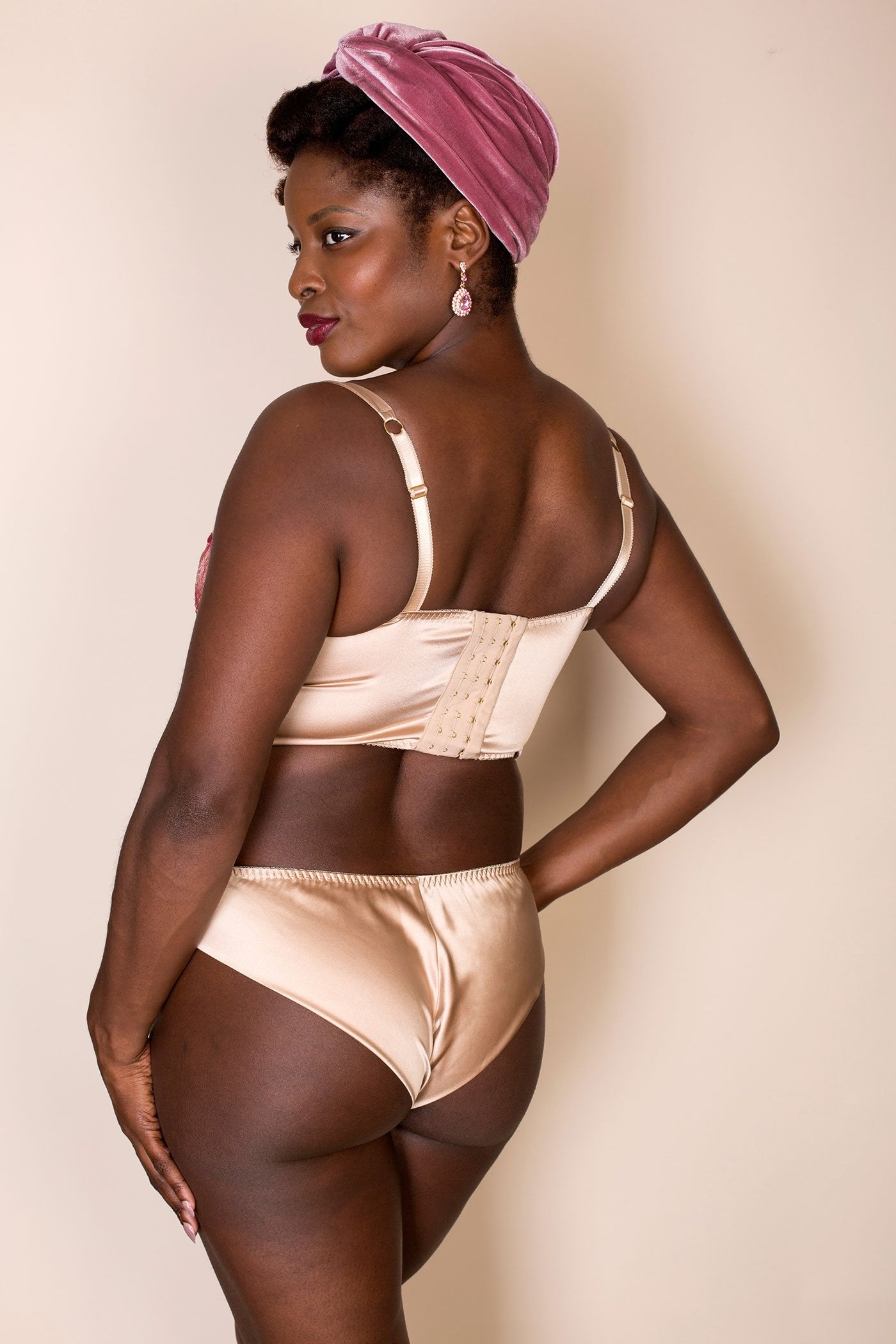 Silk knicker back view with smooth lined silk back and matching longline bra