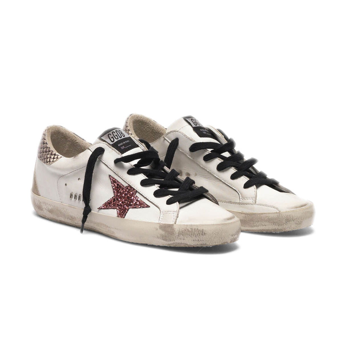 white glitter star snakeskin superstar sneakers