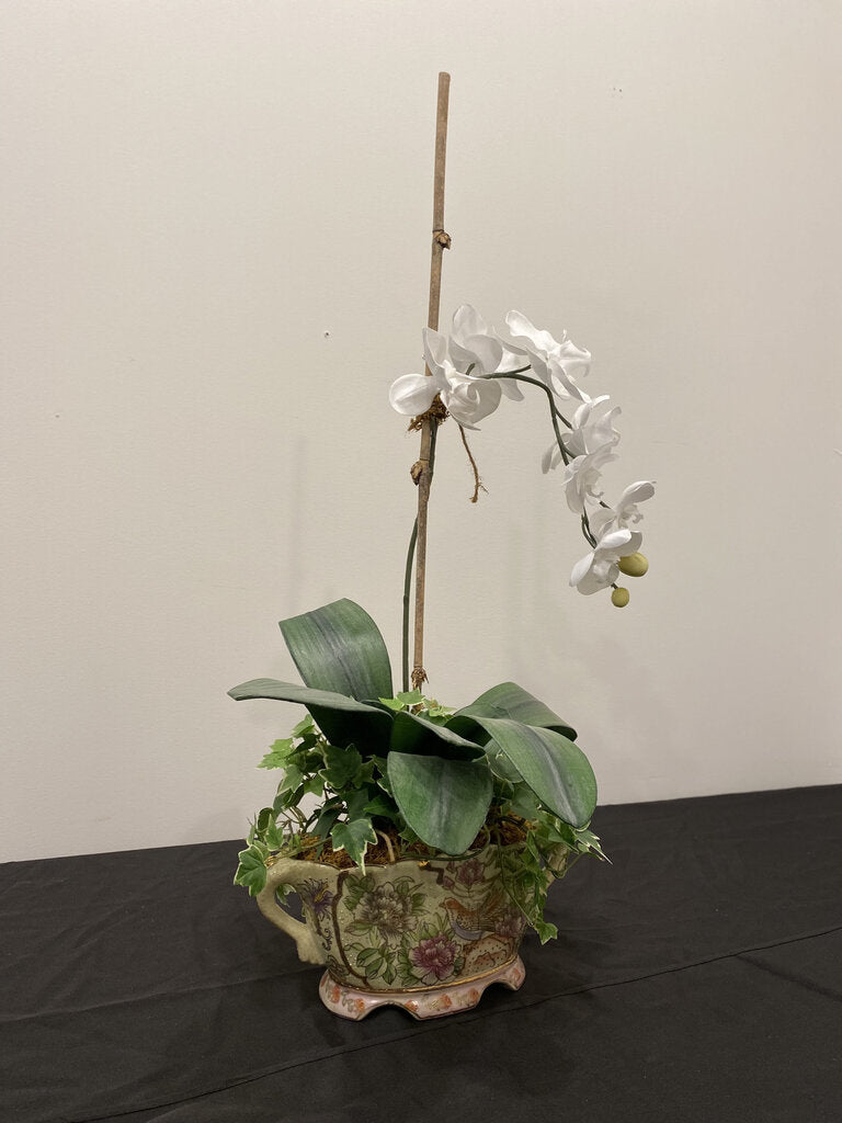 Satsuma Style Floral & Bird Planter w White Orchids