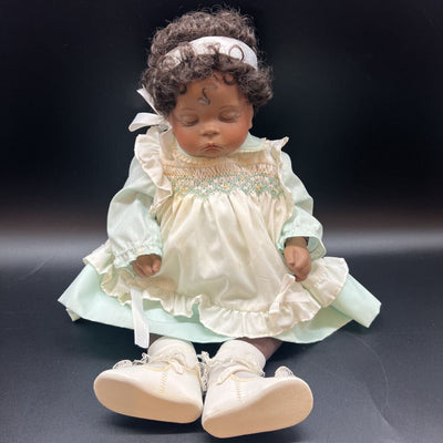 Black Baby Bisque Porcelain Doll w Cloth Body in Dress w Smocked Apron