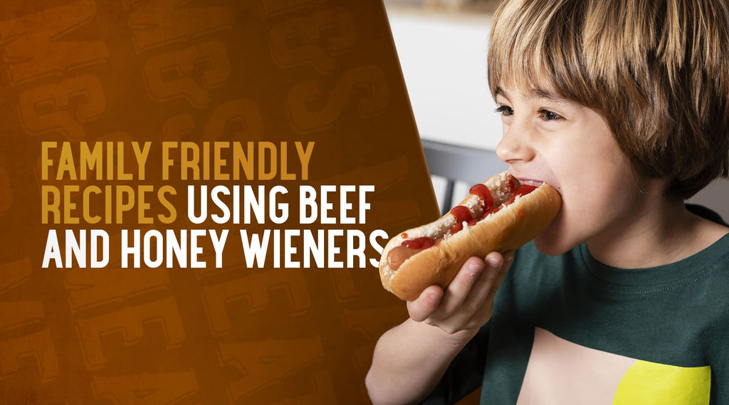 Child eating a hotdog - Family friendly recipes using beef and honey wieners
