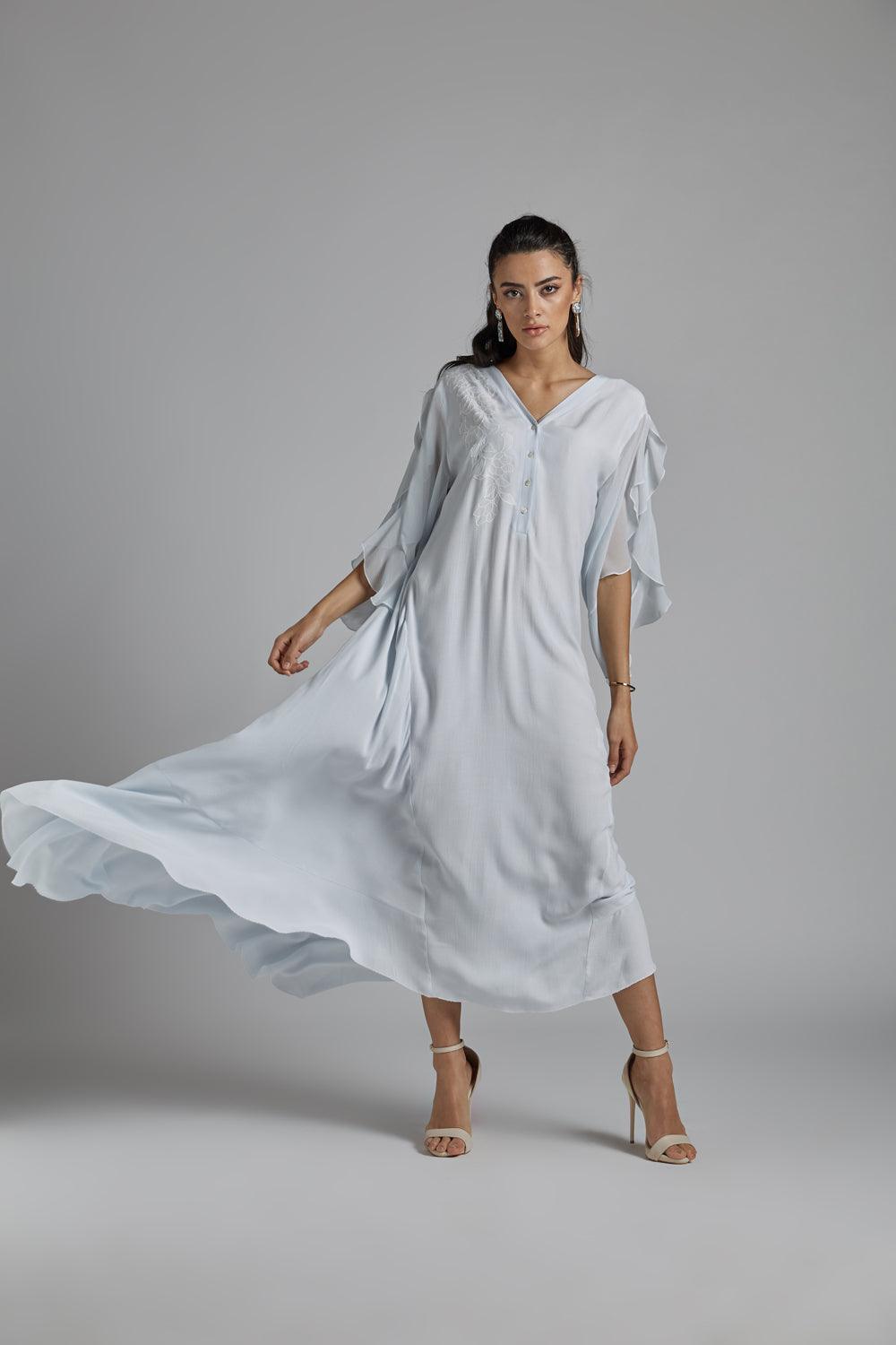 Silk Chiffon Dress Triangular Sleeve White Emy - Bocan Couture