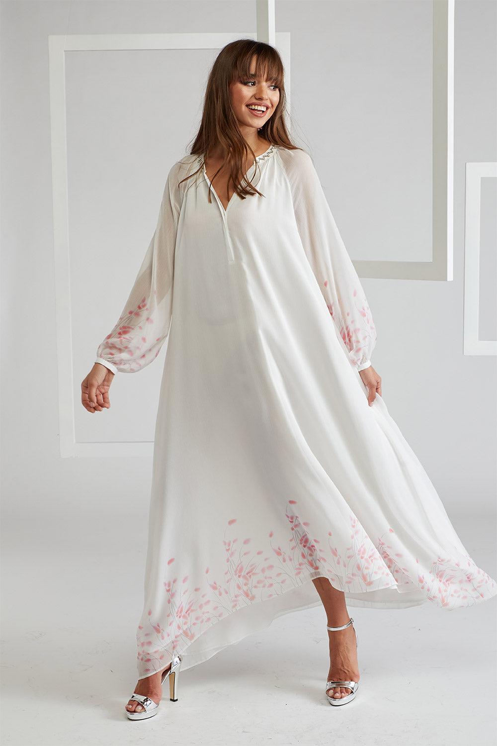 Silk Chiffon Dress Triangular Sleeve White Emy - Bocan Couture