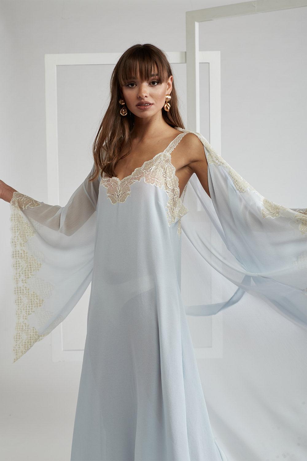 Silk Chiffon Robe Set Baby Blue - Lucia (Silver) – Bocan Couture