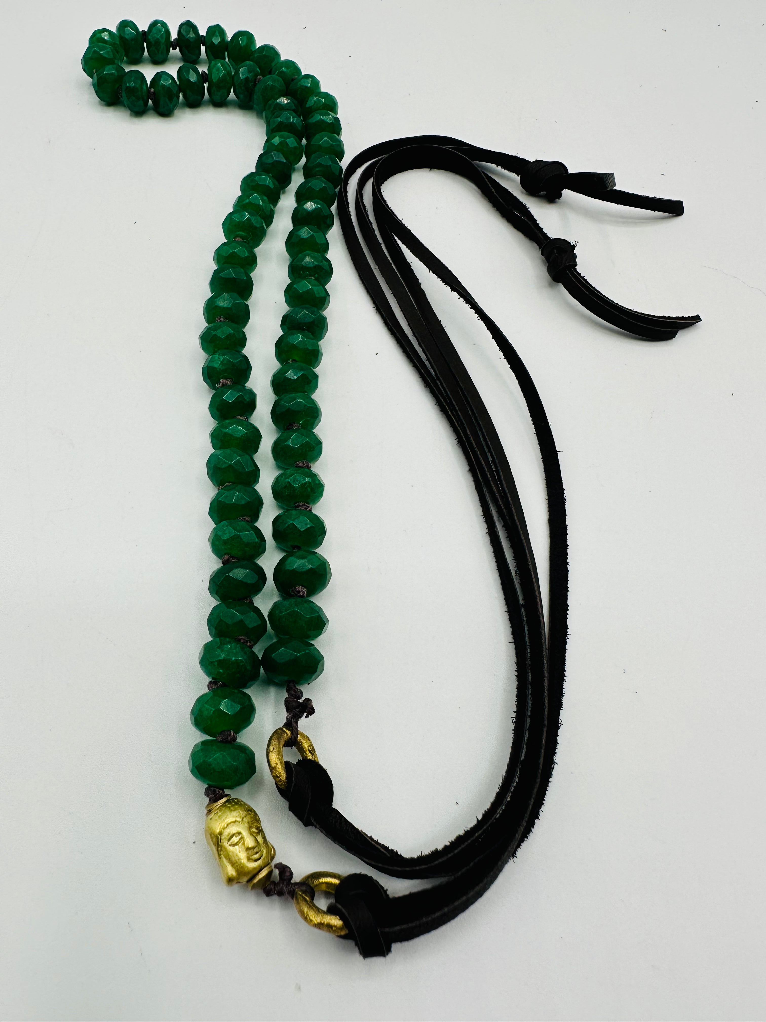 Green Jade w/ Brown Leather Wrap w/ Buddha Bracelet/Necklace