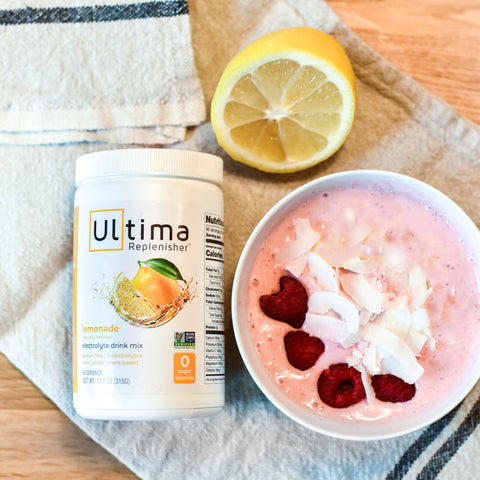 Yogurt breakfast made with Ultima Replenisher Lemon electrolyte hydration powder