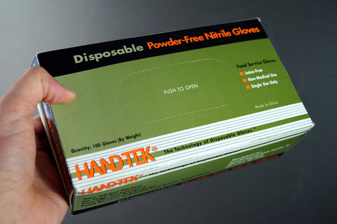 Find Box Blue HAND-TEK Non-Medical Use Disposable brand gloves