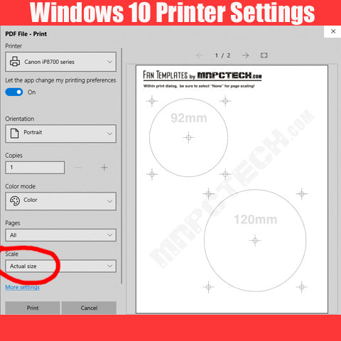 Windows 10 Printer Setting for Mnpctech PC fan & Radiator templates