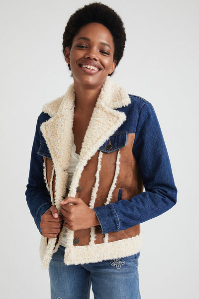 desigual denim and shearling jacket on a model