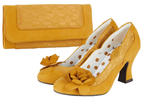 Chrissie Ochre Mustard Yellow Mid Heel Lace Court Shoes & Matching Tirana Bag by Ruby Shoo