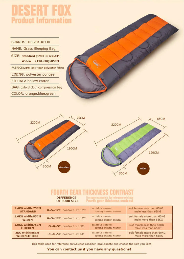 Orange Lightweight 4 Season Warm & Cold Envelope Sleeping Bag