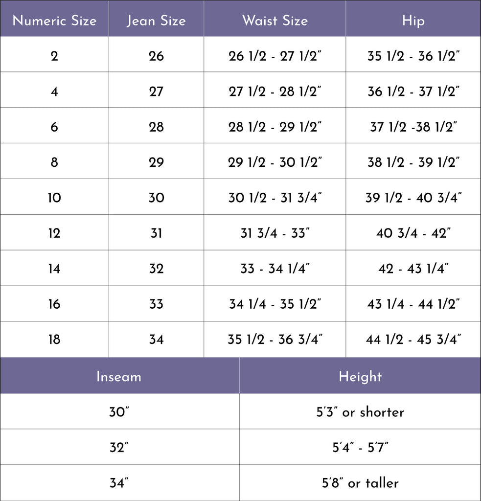 Women's Jeans Size Chart – Buck & Doe's Style