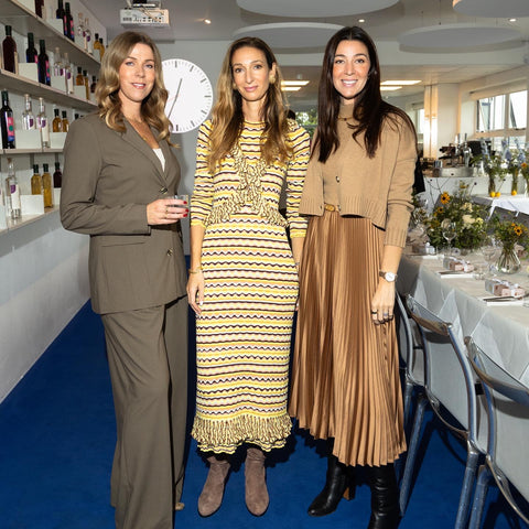 Francesca Kelly and Marianna Dpyle, Founders of Soru Jewellery standing in The River Cafe with friend Sally Morrell