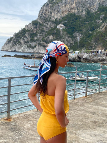 model wearing fortunes favour headscarf soru photo shoot in capri