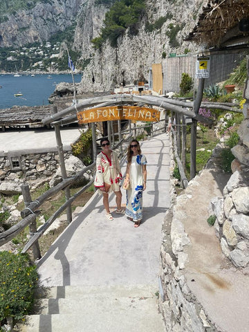 Founders of Soru Jewellery arriving at La Fontelina beach club in Capri 