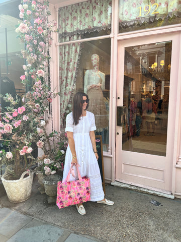 Soru Jewellery founder Marianna outside the love shack fancy store in Notting Hill