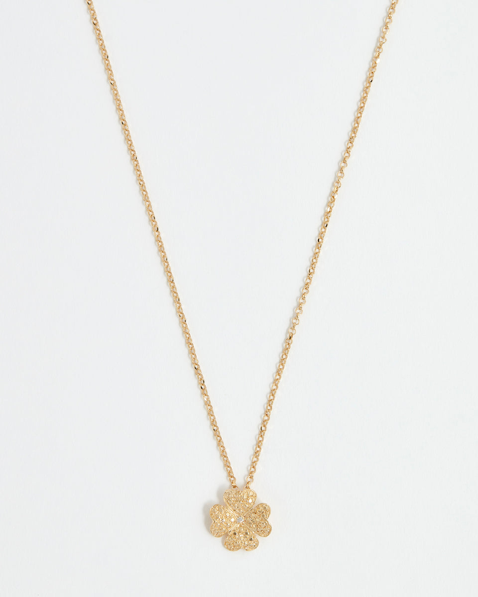 Clover Solid Gold & Diamond Necklace, 9k Gold