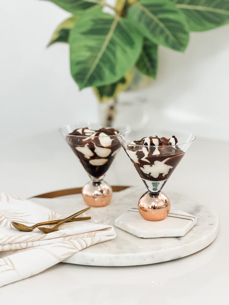Boozy Brownie Trifle in stemless martini glasses