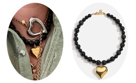 a oval image of a gold heart necklace on a women next to an oval image of just the gold heart necklace. 