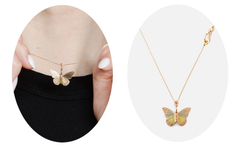 a oval image of a women with a butterfly necklace next to a oval image of a butterfly necklace