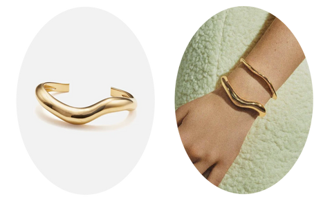 a oval image with a gold cuff next to a oval image of gold cuff on an arm. 