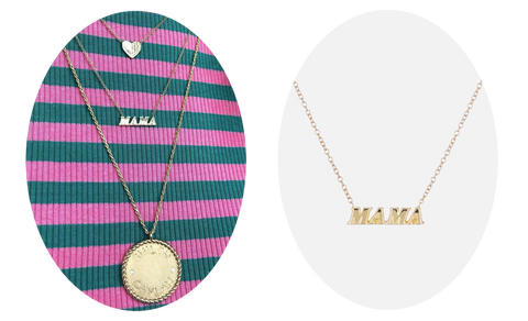 a oval image of three necklaces on a sweater next to an oval image of a mama necklace. 