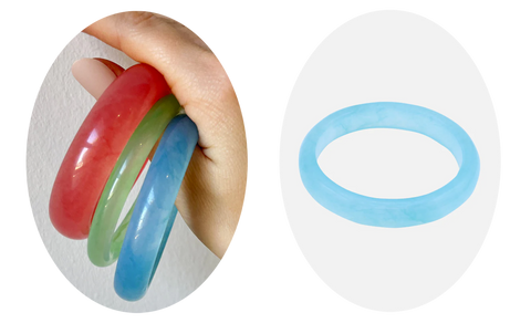 a oval image of cuff bracelets on a hand next to an oval image of a blue cuff. 