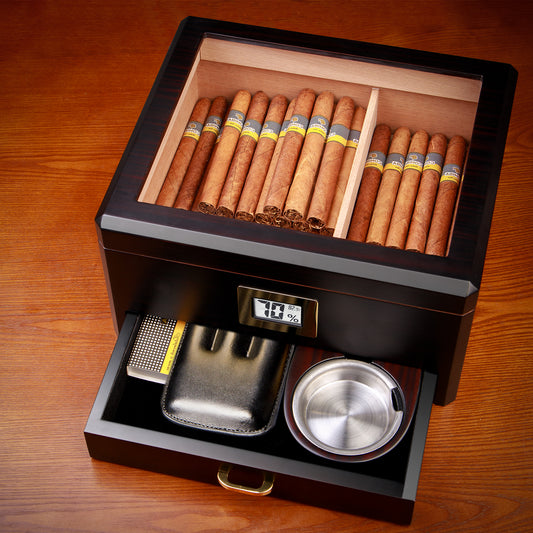  Woodronic Caja de humidor de puros para 25-50 puros con  higrómetro, humidificador y forro de cedro español, juego de caja de puros  de exhibición de escritorio, regalo para hombres : Salud