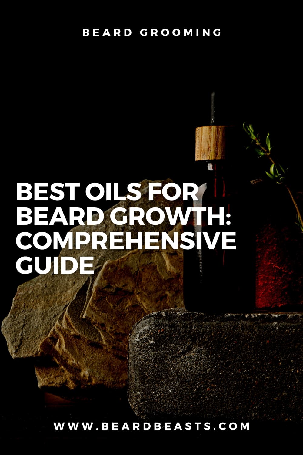 Pinterest pin for a beard grooming guide featuring a dark bottle of beard oil with a dropper, fresh herbs, and rocks, promoting 'Best Oils for Beard Growth: Comprehensive Guide' on beardbeasts.com.