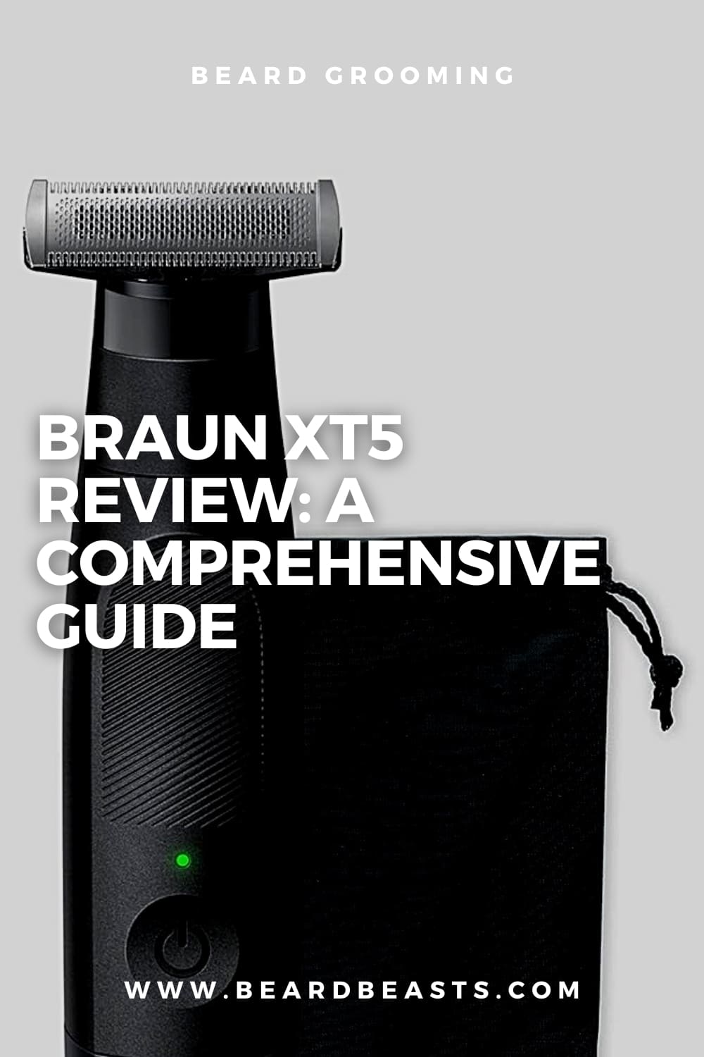 Black Braun XT5 electric shaver with precision head and LED indicator, featured on Beard Grooming section for 'Braun XT5 Review: A Beard Beasts Comprehensive Guide' article on www.beardbeasts.com.