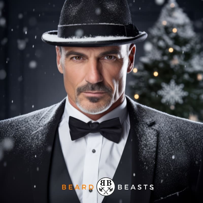 Elegant man in a tuxedo, set against a snowy Christmas background.