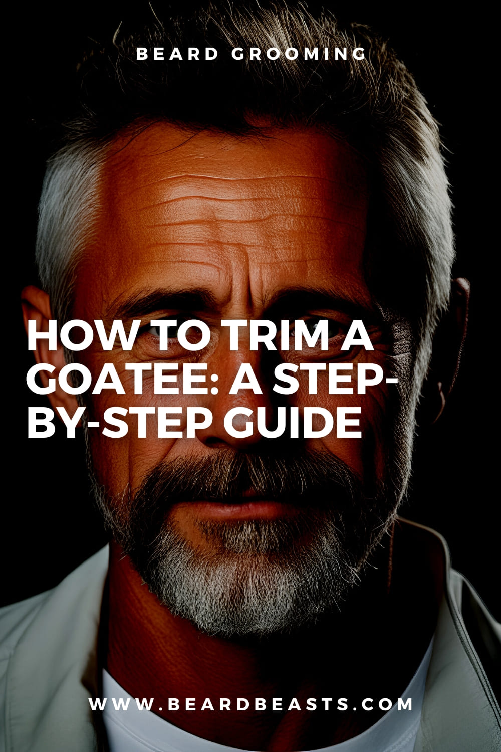 A promotional poster featuring a close-up of a man's lower face with a well-groomed salt-and-pepper goatee. The top of the poster reads "BEARD GROOMING" in large, bold letters, and a bold headline in the center states "HOW TO TRIM A GOATEE: A STEP-BY-STEP GUIDE".