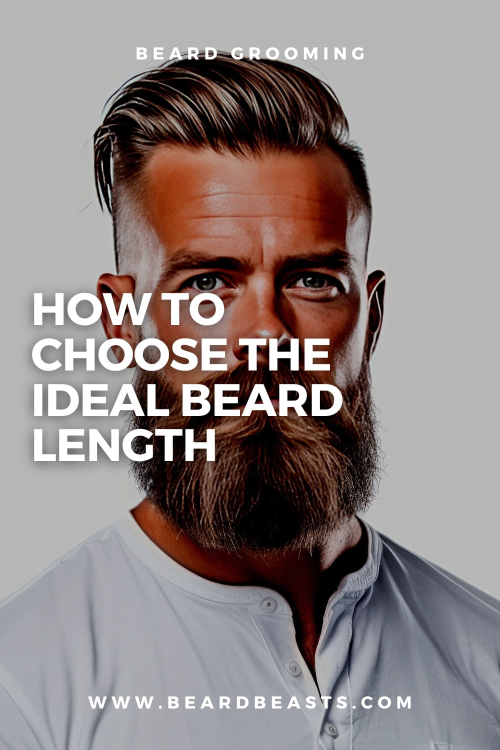 Stylish man with a full, groomed beard and sleek hairstyle featured on a promotional Pinterest pin for 'How to Choose the Ideal Beard Length' article on BeardBeasts.com.