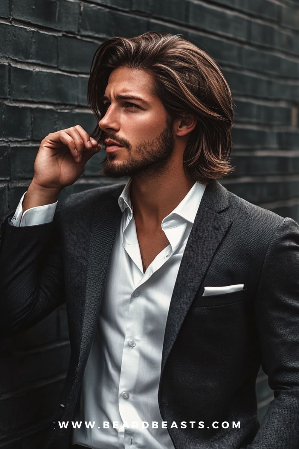 A man with a layered long hairstyle and a well-groomed beard, wearing a black suit. This is one of the best long hairstyles for men with round faces, as the layers add dimension and movement, helping to elongate and define the face for a more structured and balanced appearance. Ideal for a polished yet effortless look.