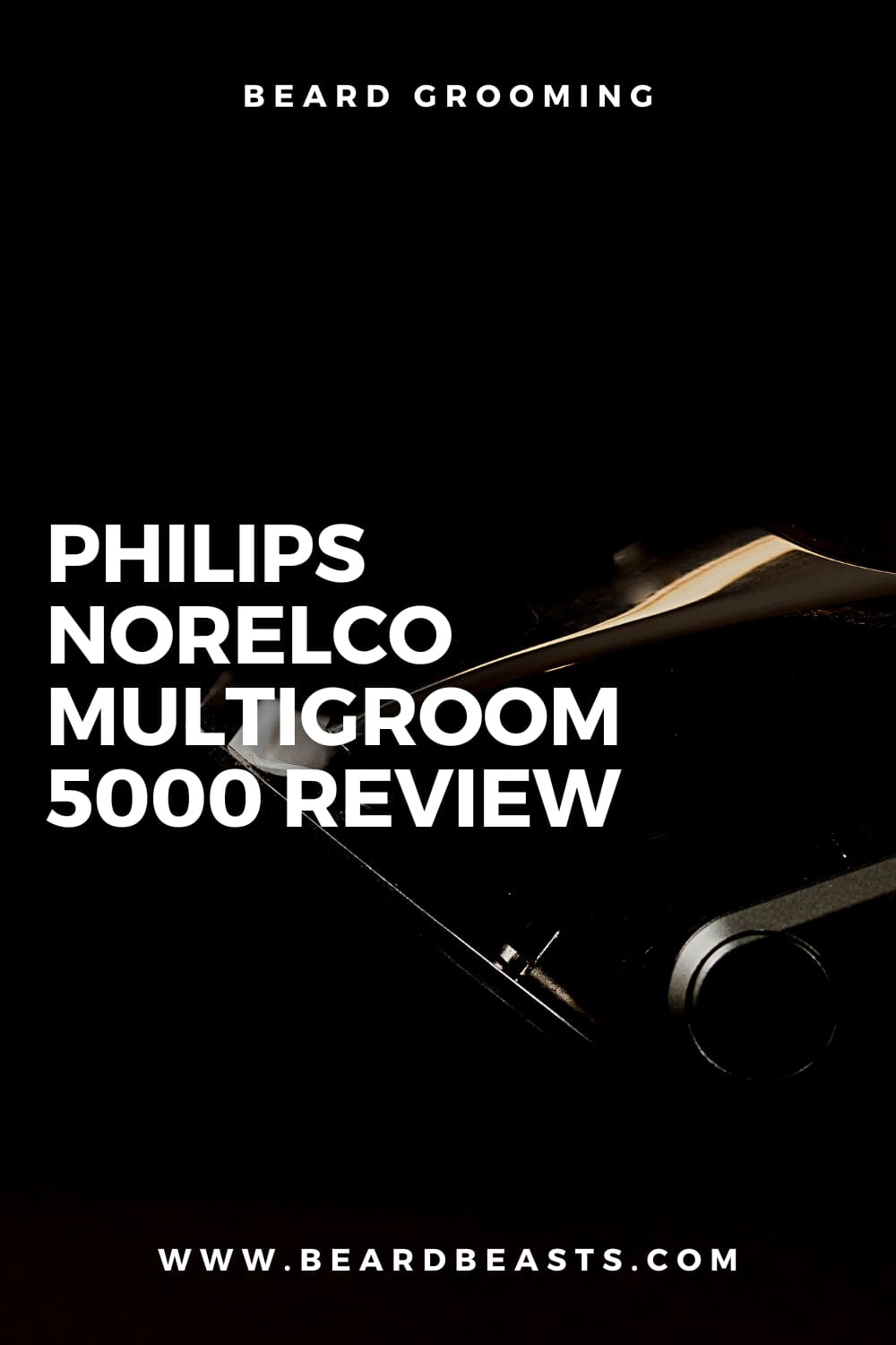 Promotional image featuring a close-up of the Philips Norelco Multigroom 5000 with the text 'Philips Norelco Multigroom 5000 Review' prominently displayed. The background is dark, highlighting the sleek design of the trimmer. Below the main text is the website 'WWW.BEARDBEASTS.COM' in smaller font, indicating the source of the review.
