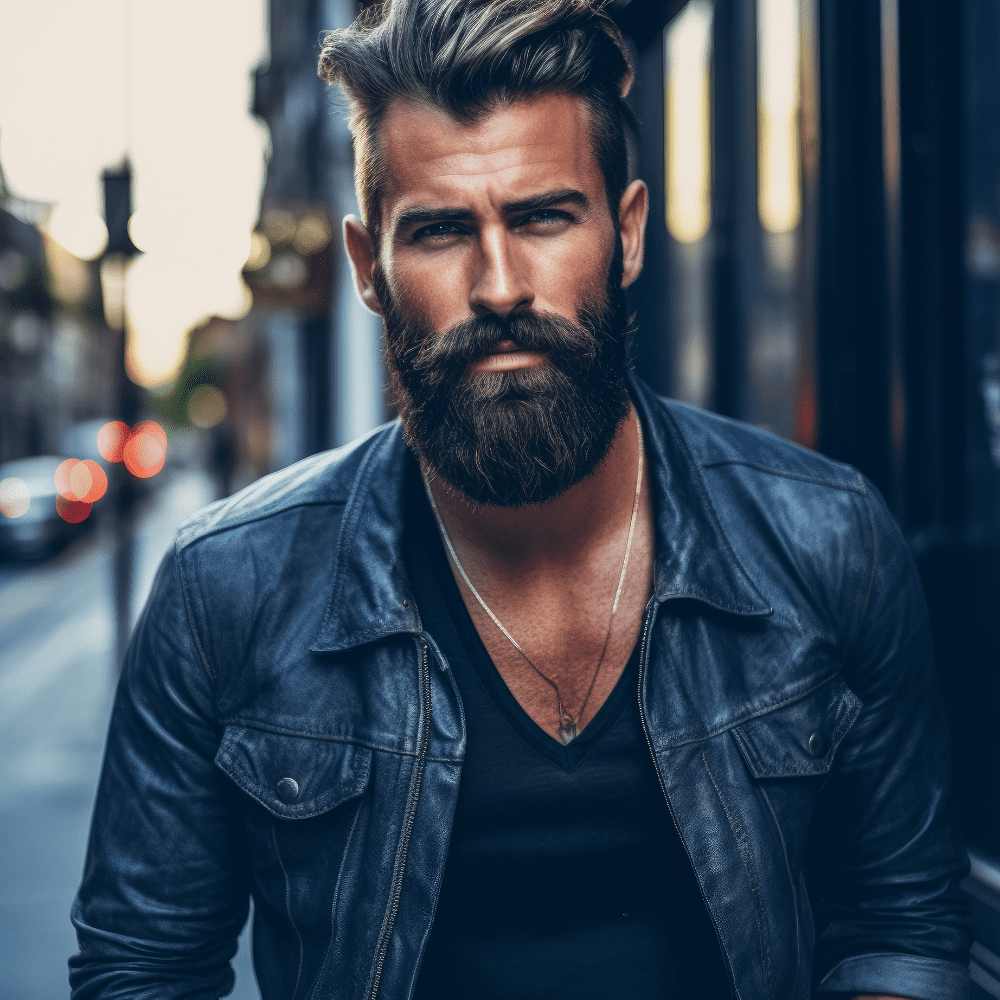 Stylish man with a full beard and modern hairstyle, wearing a black leather jacket, standing confidently on an urban street. Perfect example of popular beard styles for men, showcasing a rugged yet fashionable look.