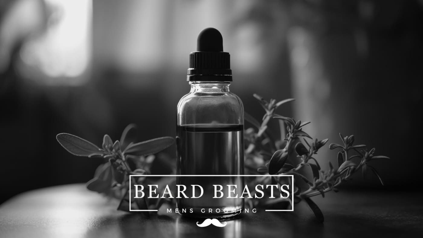A black and white image of a clear glass dropper bottle with beard oil, placed on a surface with sprigs of rosemary around it. The bottle has a black dropper cap. In the background, there's a soft focus with light shining through.