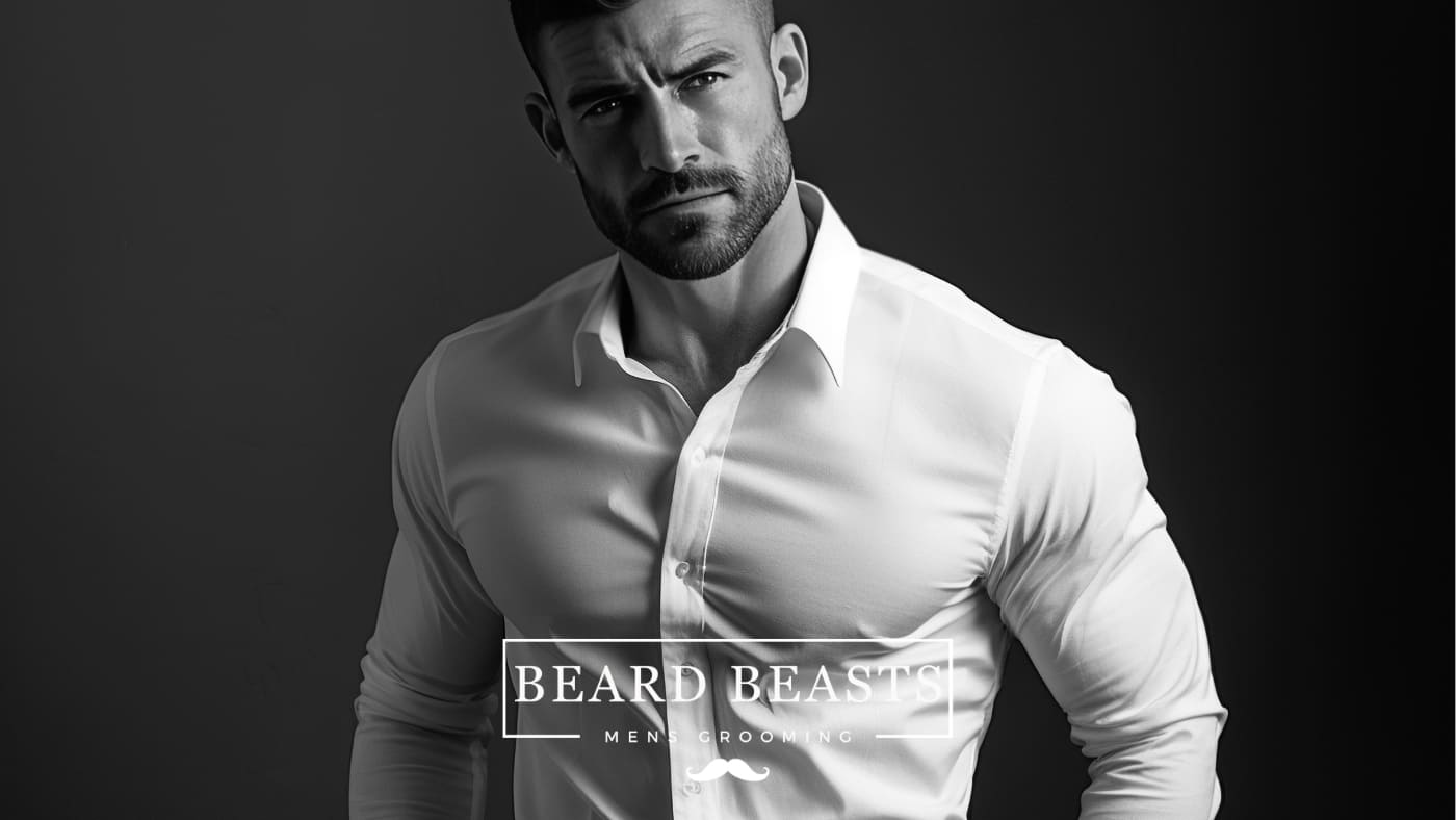 Stylish man in a well-fitted white dress shirt, exemplifying the Beard Beasts Men's Grooming standard, and showcasing the ideal answer to How Should A Dress Shirt Fit? with a precise, tailored silhouette.