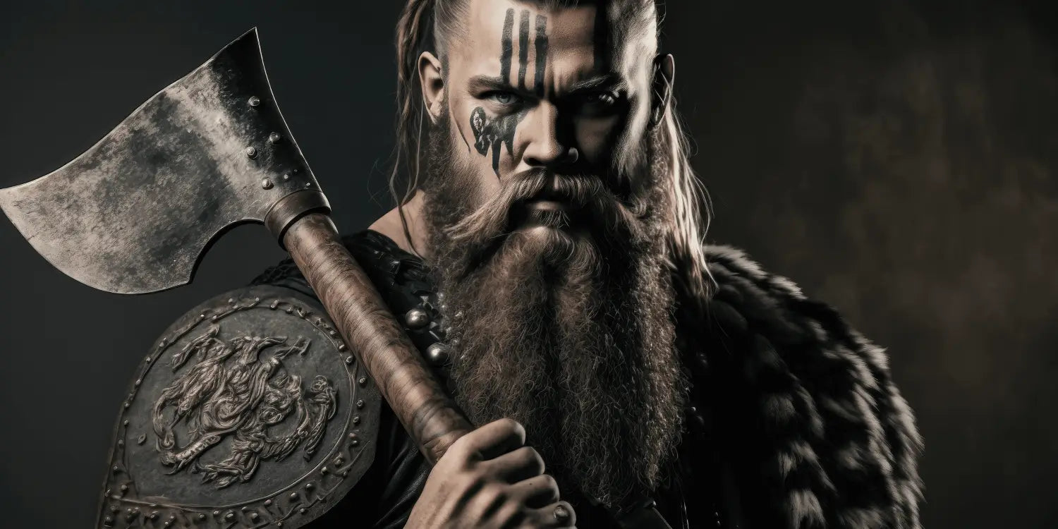 Image of a bearded Viking warrior, his thick, full beard adding to his imposing presence, as he confidently holds a battle axe over his shoulder.