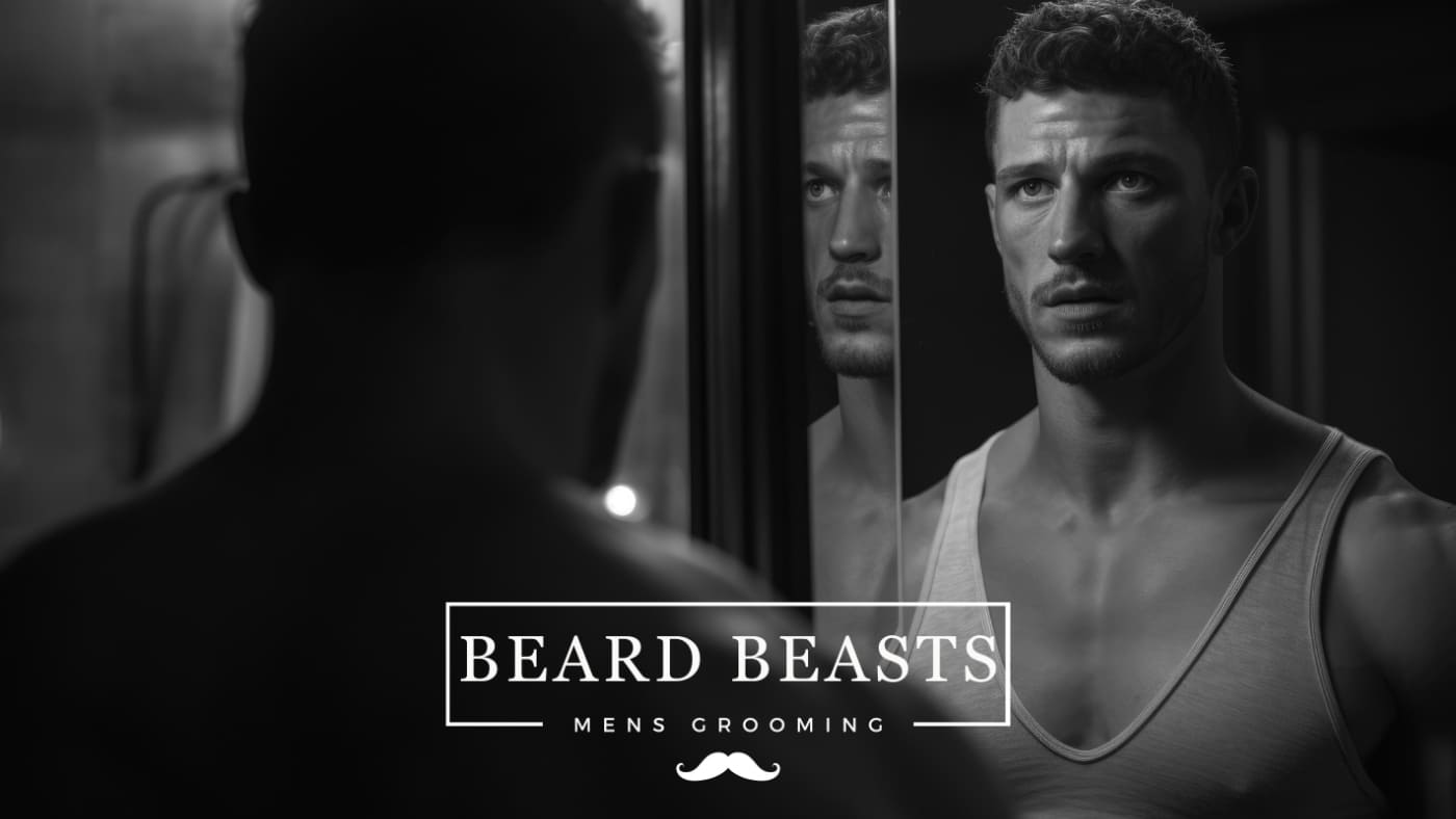 A man with 5-day stubble looking at his reflection in the mirror, with the logo for "BEARD BEASTS - MEN'S GROOMING" displayed, emphasizing a focus on masculine grooming and self-care.