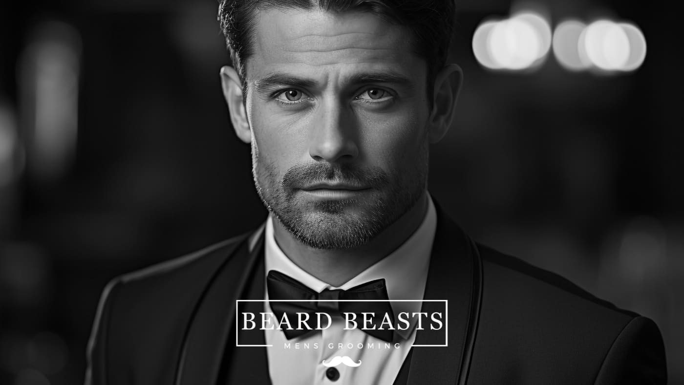 A sophisticated man sporting a neatly groomed 8mm beard, dressed in a sharp suit with a bow tie, embodying the essence of modern men's grooming as advertised by Beard Beasts.