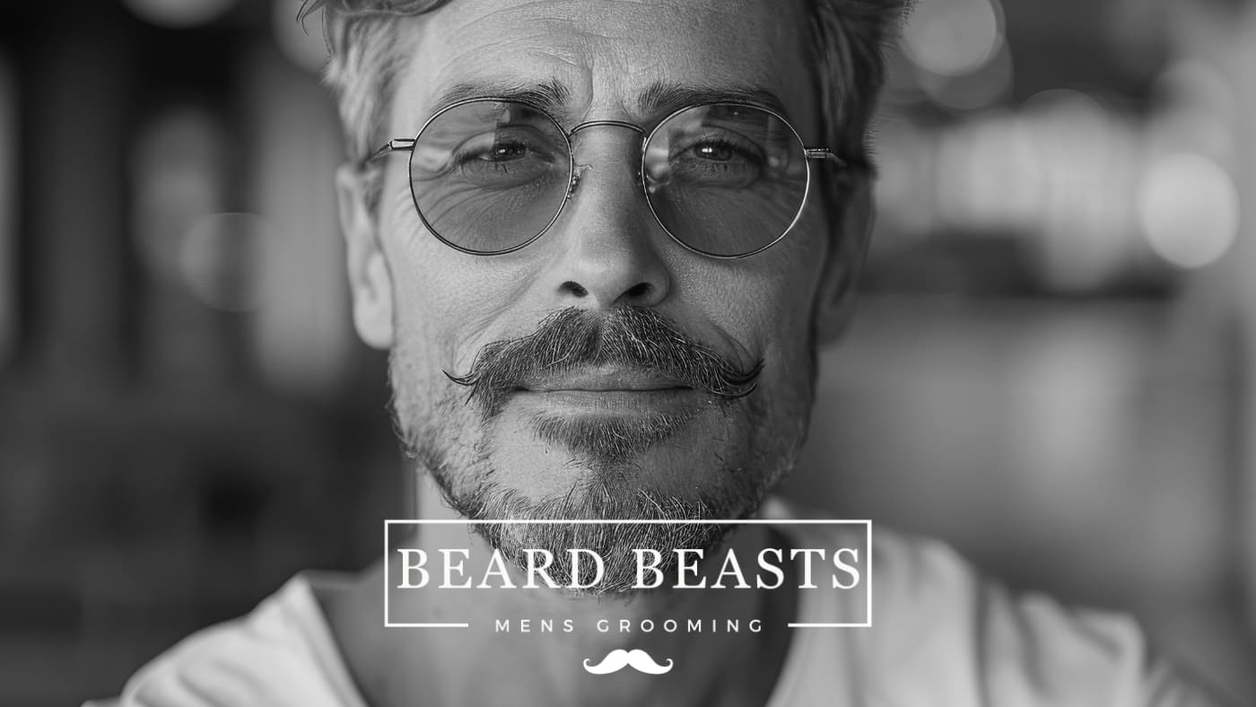 Close-up black and white photo of a mature man with a styled goatee and mustache, wearing round glasses. The image includes the text 'BEARD BEASTS - MEN'S GROOMING' overlaid at the bottom, suggesting a focus on facial hair styling products or services.