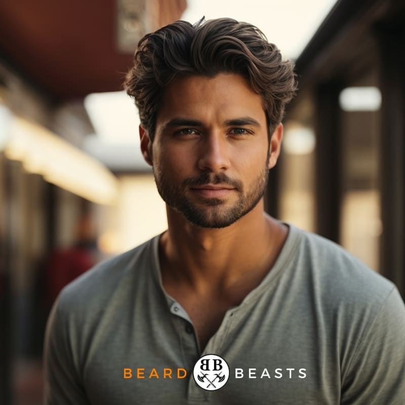 Man with short stubble beard and tousled hair, wearing a casual grey henley shirt, looking pensively into the distance, with the logo and text 'Beard Beasts' in the corner.