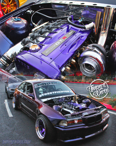 3/4 view of modified E36 BMW 3 Series with wide-body kit and Nissan RB26 engine swap. Engine bay showing RB26 engine with aftermarket modifications including turbocharger, intercooler, and custom intake and exhaust systems